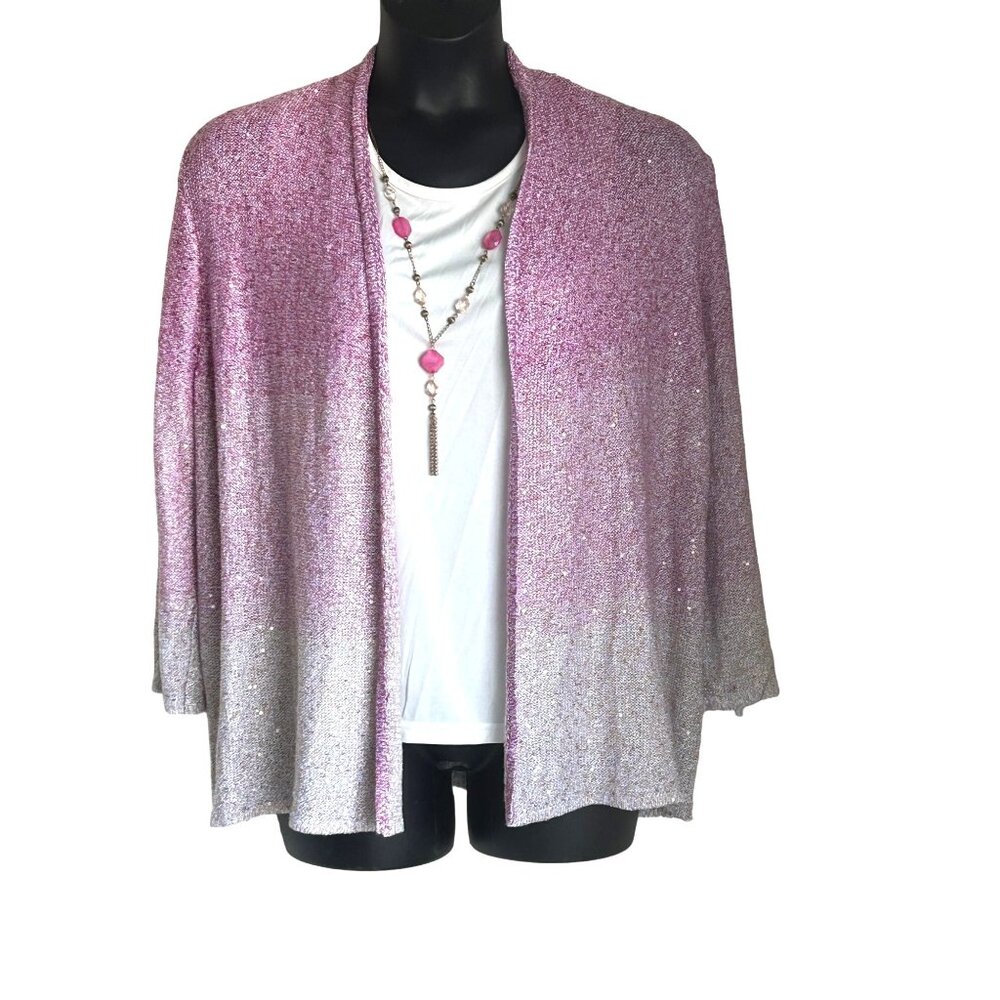 Elegant Pink Gradient Sparkle Knit Cardigan & White Top With Necklace